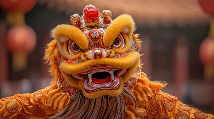 Vibrant Chinese Lion Dance Costume with Detailed Facial Features