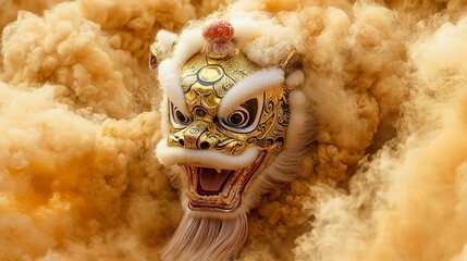 Majestic Lion Dance Costume Emerging from Colorful Smoke Clouds