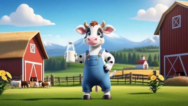 Cartoon cow dancing against background of farm in blue jumpsuit and holding bottle of milk. Red barns and green fields are visible in background. Children's theme about benefits of fresh farm milk.