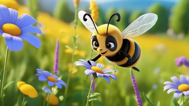 A cartoon bee with a smiling face collects nectar from purple daisies in a vibrant flower field under a clear blue sky.
