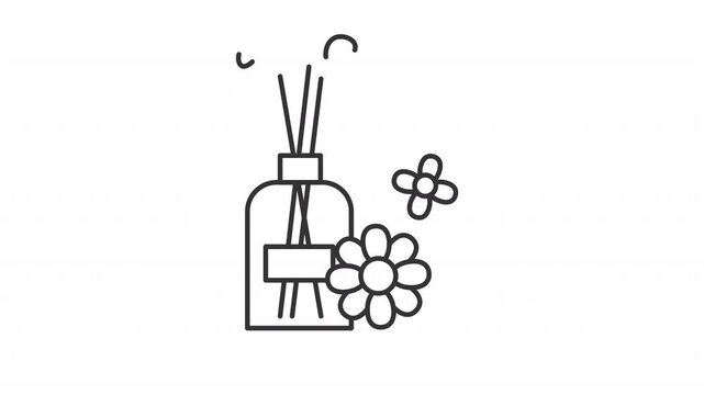 Animated air diffuser line icon. Natural freshener with sticks and flowers animation. Aromatherapy for wellbeing. Household. Outline element on white background. HD video with alpha channel