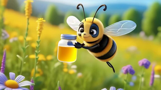 A cartoon bee holds a jar of honey in a vibrant flower field. The scene is bright and colorful, showcasing nature and pollination.