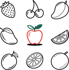 Hand-Drawn Outline Fruit Icons, Featuring Exotics and Common Varieties, Including Peach, Star Fruit, Mango, Dragon Fruit, Pear, Orange, Papaya, Apple, Kiwi, Melon, Grapes, and Guava, 