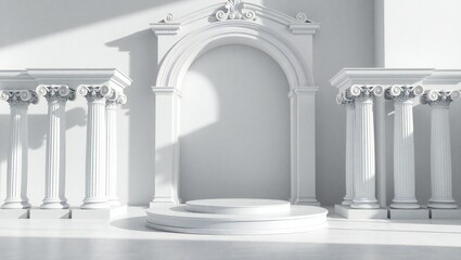 Naklejka premium Elegant white classical archway with columns and pedestal illuminated by sunlight