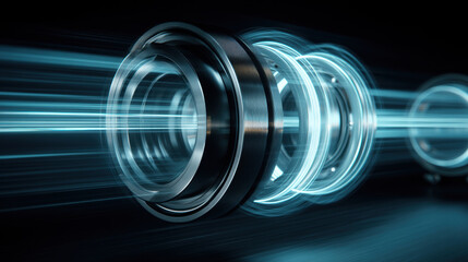 Magnetic Levitation Engine, An engine with several floating, rotating metallic rings held in place by glowing blue magnetic fields. The background is a dark blue. symbolizes frictionless power. 