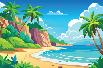 Obraz premium Cartoon Tropical Beach Paradise with Palm Trees Cliffs and Turquoise Water