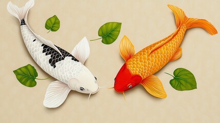 Koi Fish Swimming Together with Green Leaves on Light Background