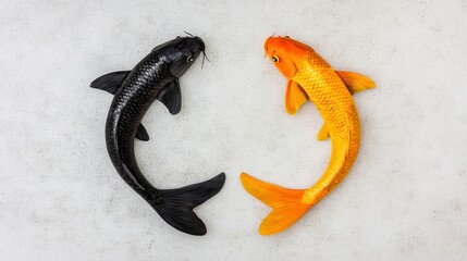 Black and Orange Koi Fish on Light Gray Background