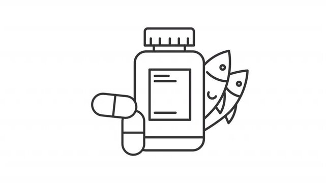 Animated omega acid vitamin bottle line icon. Fish oil supplement animation. Medication and multivitamin complex. Diet nutrition. Outline element on white background. HD video with alpha channel