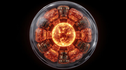 Fusion Reactor Core, A hyper-realistic digital rendering of a compact, spherical fusion reactor core. It has a glowing plasma sun at its center, contained by magnetic fields. 