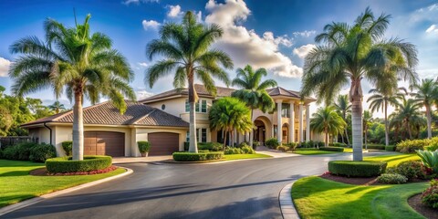 Fototapeta premium Tropical Estate Home with Palm Trees and Asphalt Road