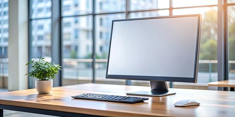 Computer monitor sits on a desk with a keyboard and mouse