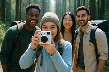 Group of friends hiking in forest smiling as woman takes photo with instant camera, enjoying nature and adventure on sunny day outdoors together. Ai generative