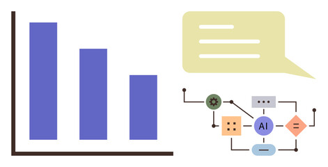 Bar graph alongside interconnected AI flowchart and speech bubble, emphasizing data analysis, automation, communication. Ideal for technology, artificial intelligence, business strategy, innovation