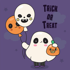 happy halloween ghost holding balloon and pumpkin