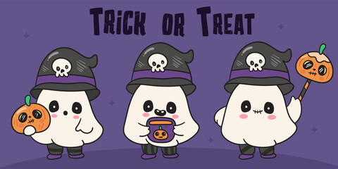 halloween monsters spooky ghost holding pumpkin kawaii character spooky cartoon
