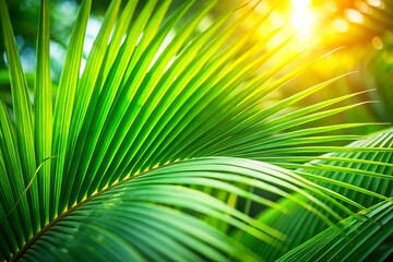 Obraz premium Leafy green palm tree with a sun shining on it