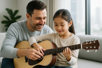 Father teaching his daughter to play acoustic guitar while sitting together on a couch in a cozy, sunlit living room interior background. Ai generative