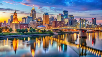 Obraz premium Panoramic view of Cincinnati downtown area with sweeping Roebling Bridge landscape at dusk