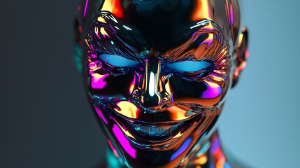 Futuristic chrome head with glowing eyes and an eerie smile creating a captivating digital art piece