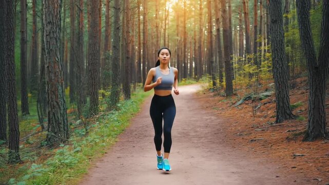 Asian Woman Jogging on Forest Trail Captured by Drone in Warm Morning Sunlight &ndash; Cinematic 4K Aerial Tracking with Natural Light and Smooth Motion