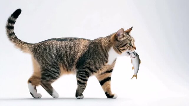 Realistic Tabby Cat Walking with Fish in Mouth on White Background &ndash; Smooth Dolly Tracking Shot in Studio Lighting, 4K Cinematic Look