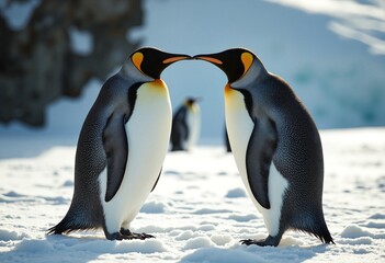 Fototapeta premium Pair of penguins touching beaks in snow