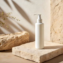 matte white skincare bottle standing on beige stone surface