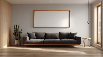 Fototapeta premium A large, blank vertical wooden frame is hanging on a clean, light grey wall above a stylish, modern sofa. A simple, tall snake plant with just a few leaves stands in a pot on the floor beside it.