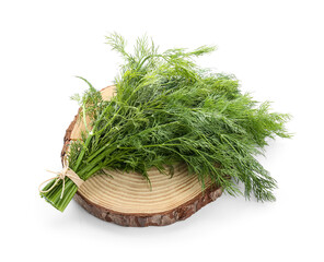 Wooden board with fresh green dill on white background