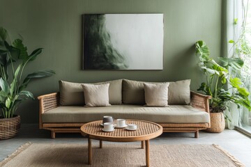 Modern, minimalist living room, green walls, wicker furniture