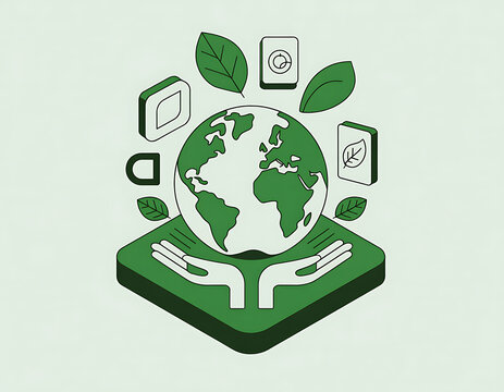 Hands cradling the earth surrounded by leaves and modern technology symbolizing environmental care and digital sustainability