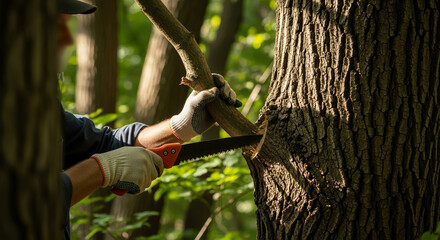 A person with gloves using a hand saw to prune a tree in the forest