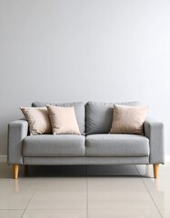Grey sofa with beige pillows against a light grey wall