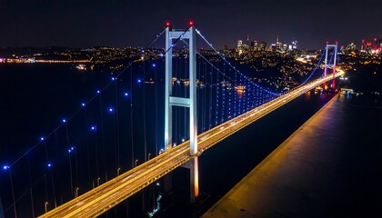 Illuminated suspension bridge at night