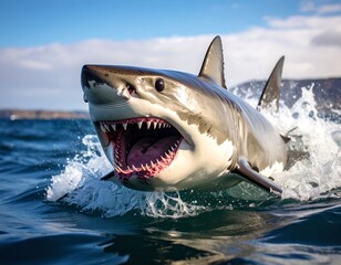 Naklejka premium Great white shark emerging from water