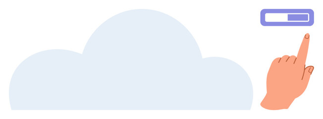 Giant soft cloud and hand pointing towards a progress bar symbolizing data upload, digital connection, storage, and processing. Ideal for technology, networking, innovation, productivity, security