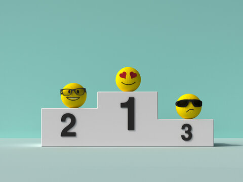 Knitted 3d emoji faces on podium showing love nerd and grumpy moods