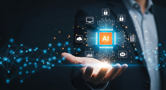 Businessman presenting futuristic ai technology with digital circuit and cloud icons - Powered by Adobe