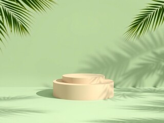 Minimalist podium display with palm leaves and shadows on green background