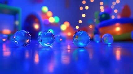 Magical blue spheres glow mysteriously under festive colorful bokeh lights creating a dreamy atmosphere
