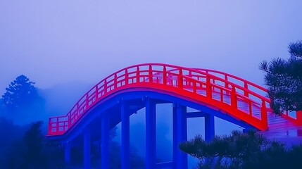 Fototapeta premium A misty, vibrant red arched bridge stretches across a landscape.