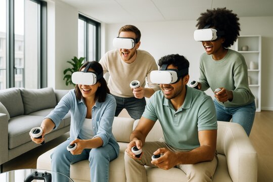 Group of diverse young adults enjoying virtual reality gaming together in modern living room with bright natural light atmosphere. Ai generative