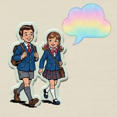 Two cheerful cartoon children in school uniforms with a colorful thought bubble, suitable for educational materials, back-to-school themes, or promoting childhood development.