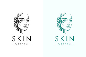 Naklejka premium illustration of woman's face with abstract floral on the side, vector logo for glowing skin, skin care, skin specialist, skin clinic, luxury facial spa, cosmetics brand, dermatologist, and more