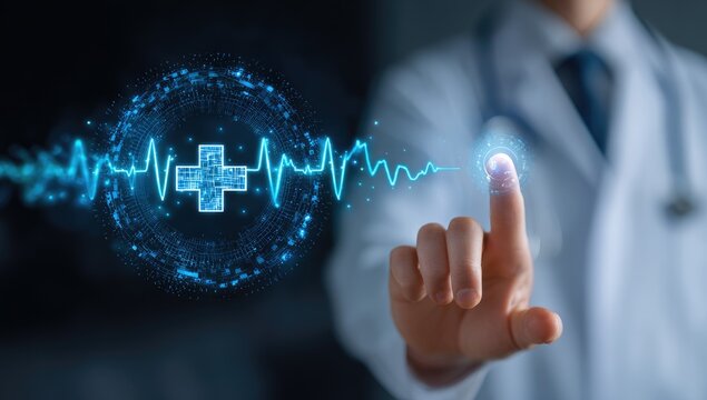 Doctor interacts with a glowing, digital medical interface