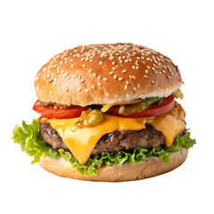 Juicy Cheeseburger with Sesame Seed Bun Lettuce Tomato and Jalapeos on transparent background