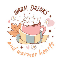 Warm Drinks and Warmer Hearts Vector, Autumn Trendy Bookish, Cute Book Lover Doodle Cartoon Style Hand Drawn Elements Vector