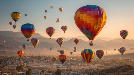 Obraz premium Colorful hot air balloons over a valley at sunrise