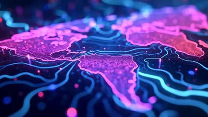 Vibrant neon map of the world showcasing intricate lines and dots, emphasizing global connectivity - Powered by Adobe